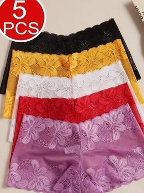 5-Pack Floral Lace Bikini Shorts - Black, Yellow, White, Red, Lavender